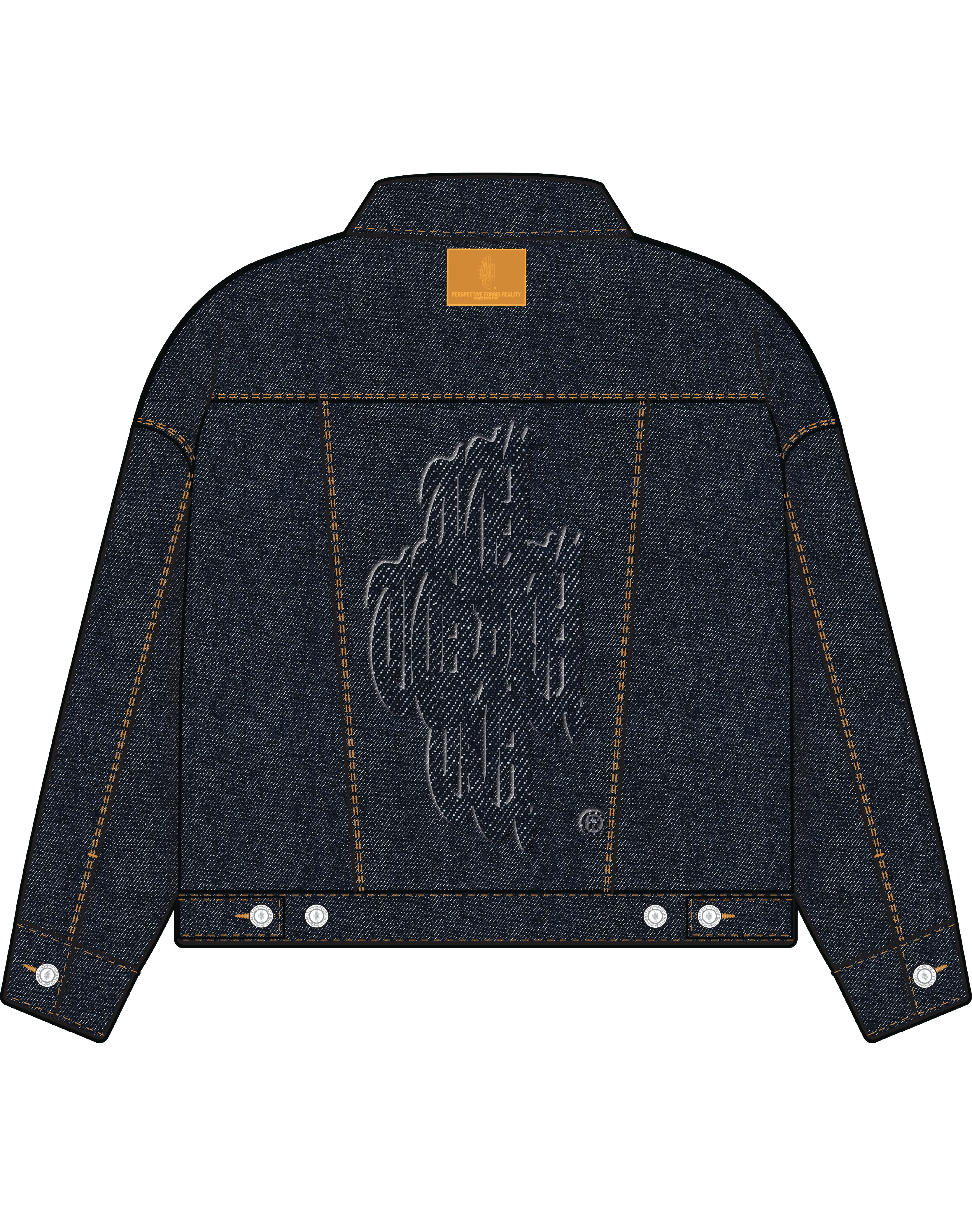 Denim jacket with a logo on the back against a white background