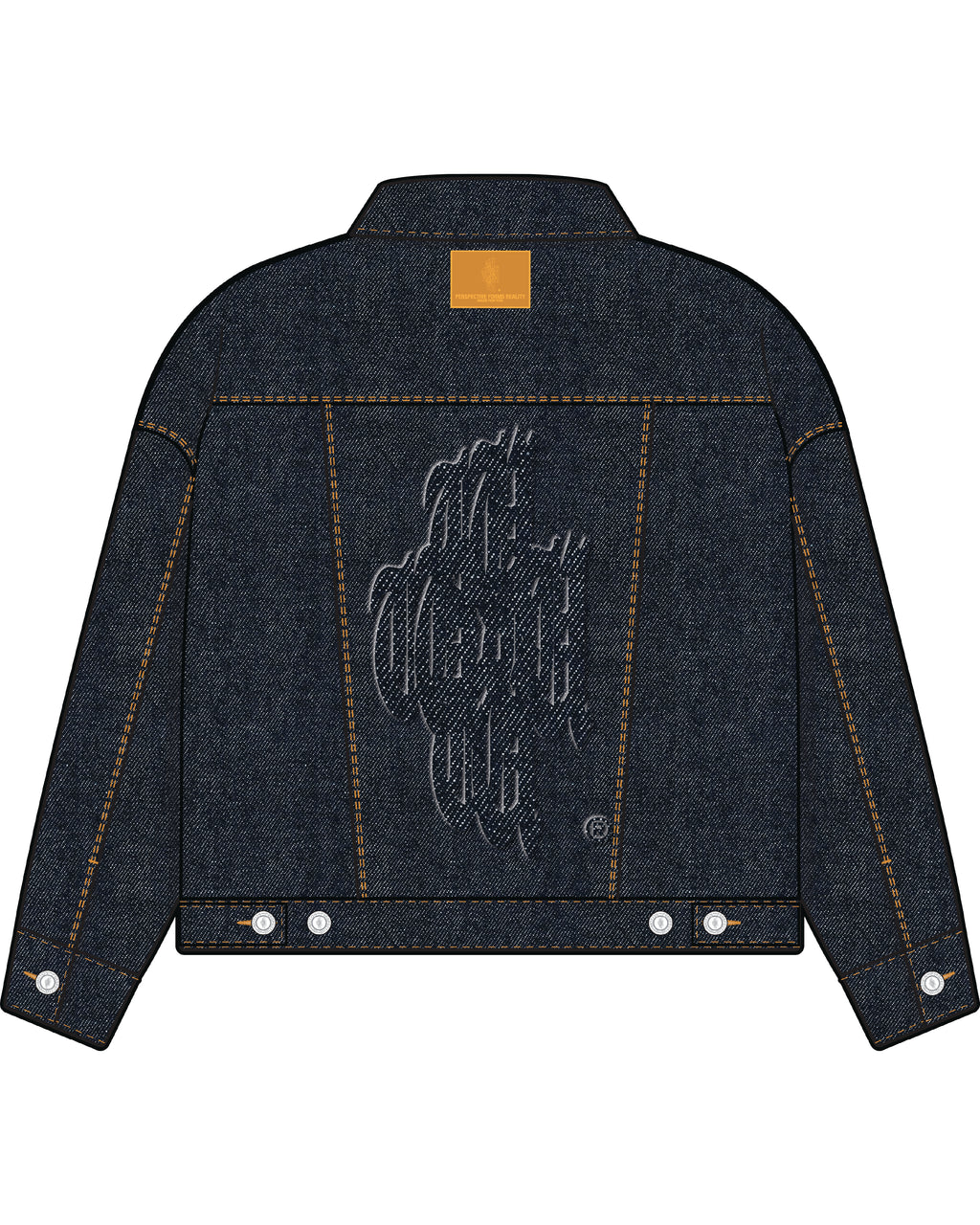 Denim jacket with a logo on the back against a white background