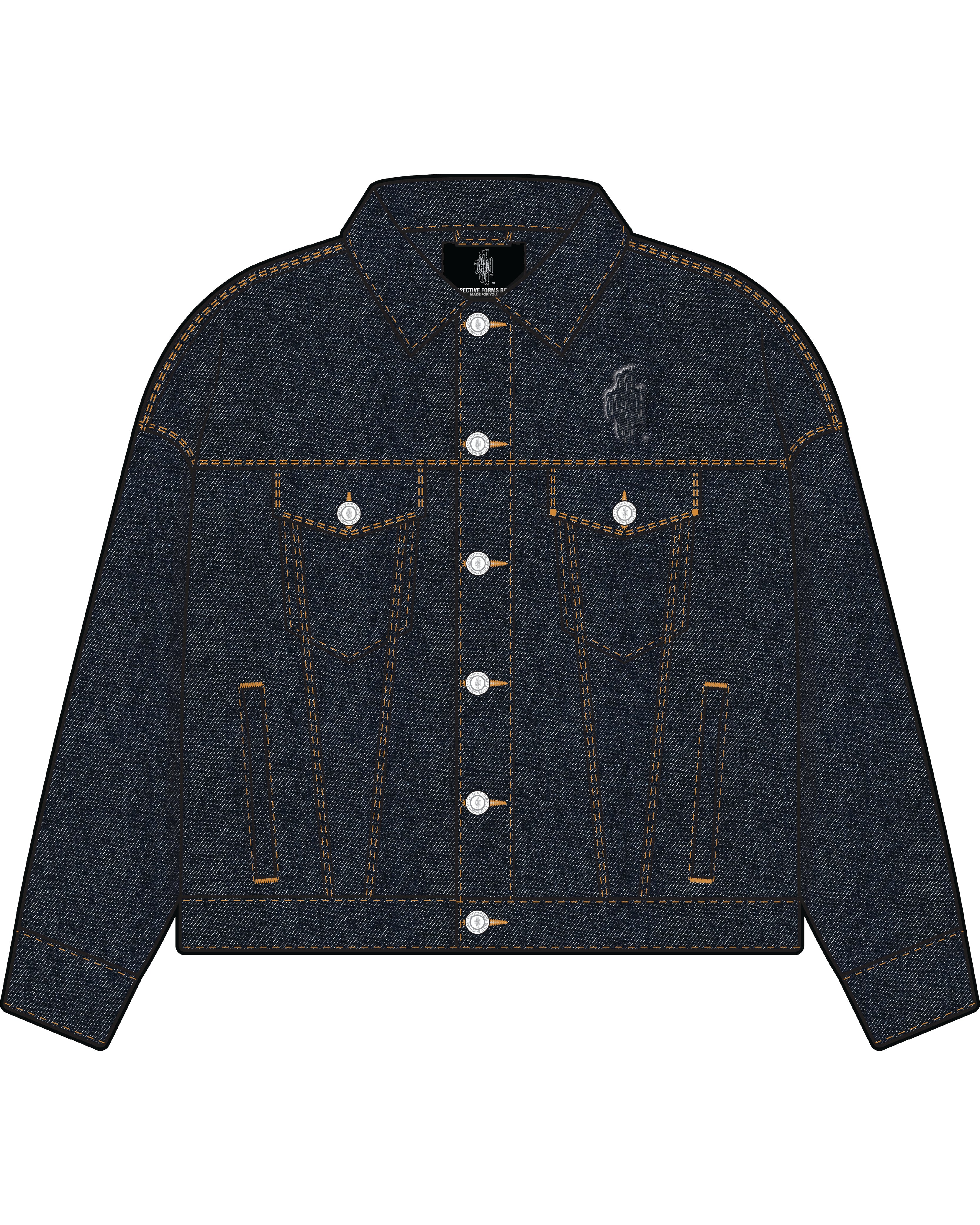 Denim jacket with white buttons on a white background