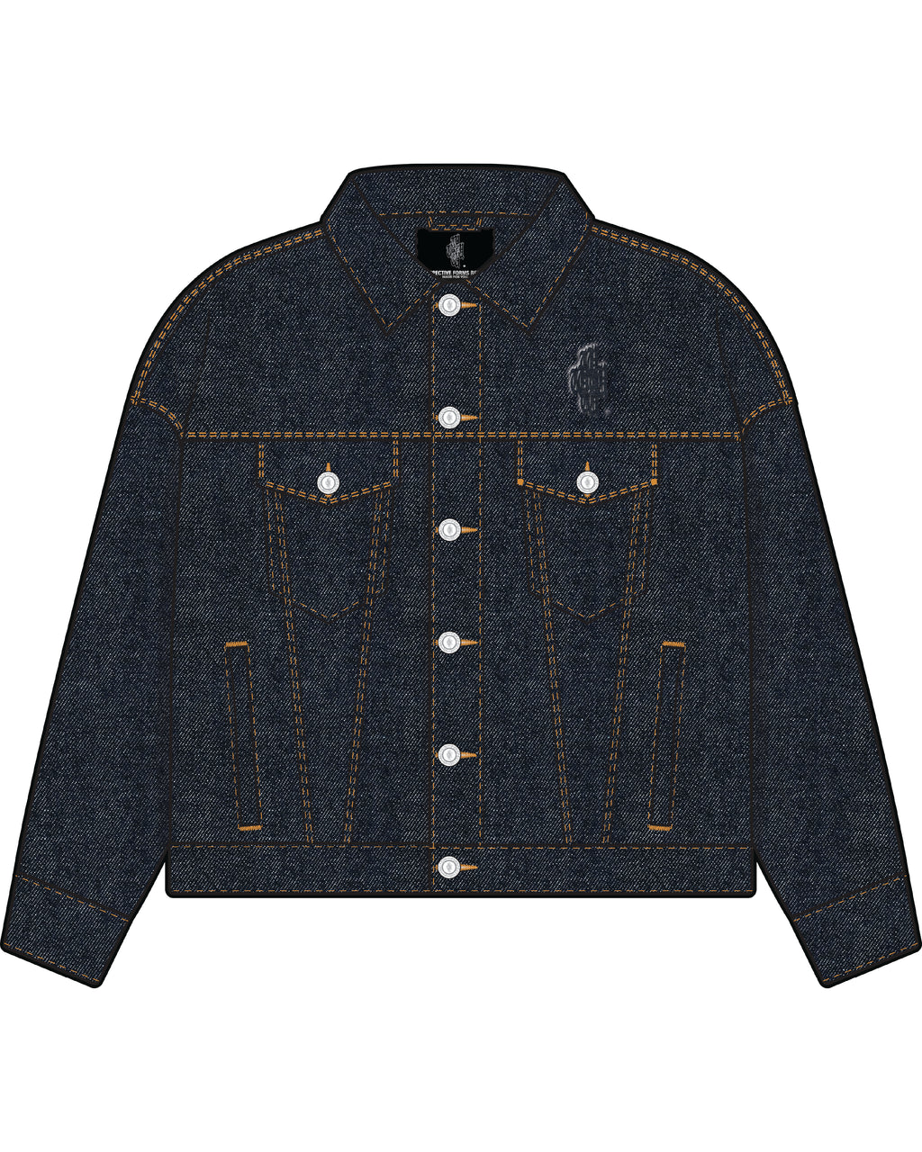 Denim jacket with white buttons on a white background
