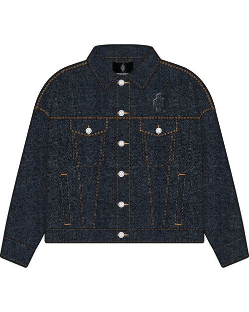 Denim jacket with white buttons on a white background
