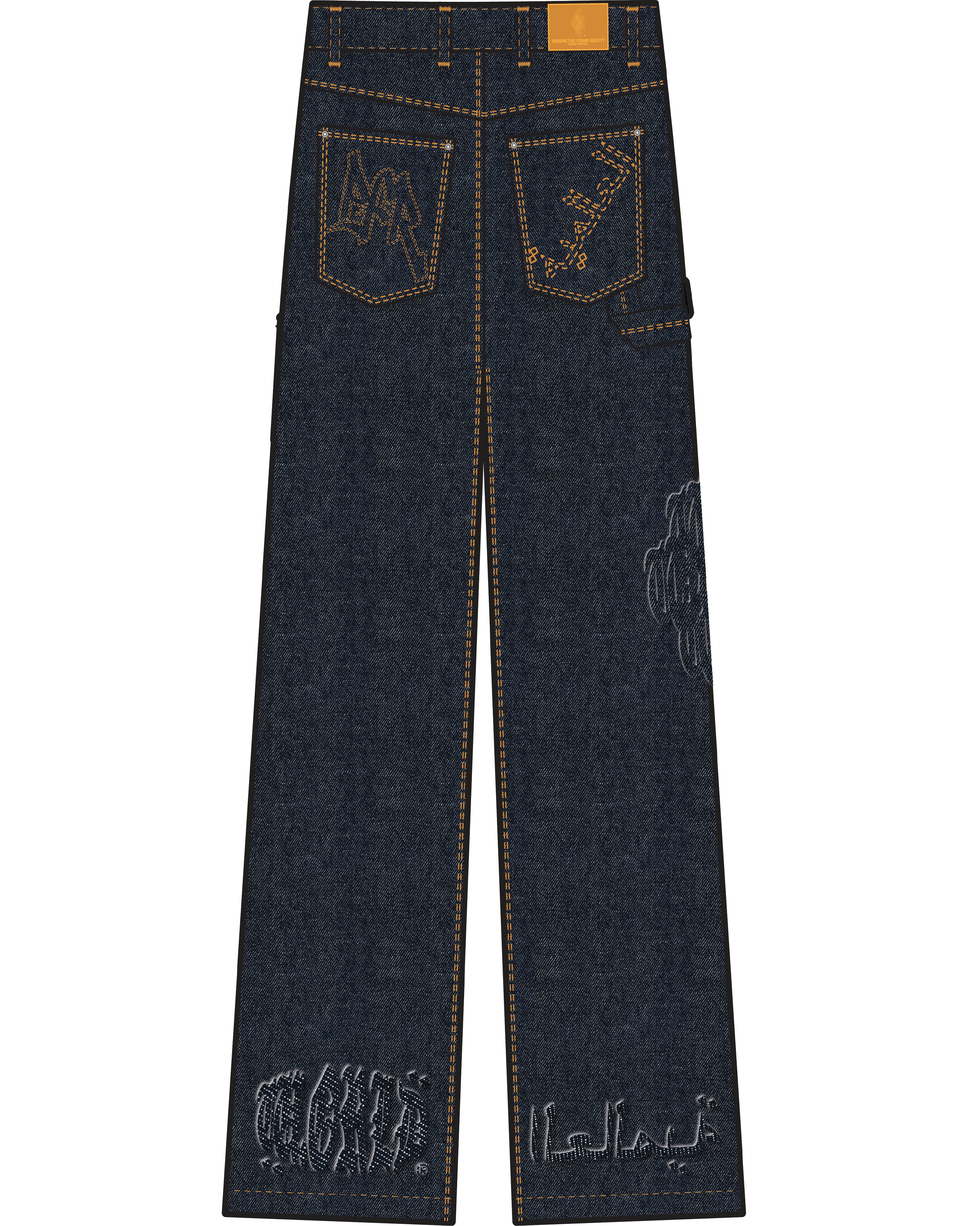 Dark blue jeans with brand logo on a white background